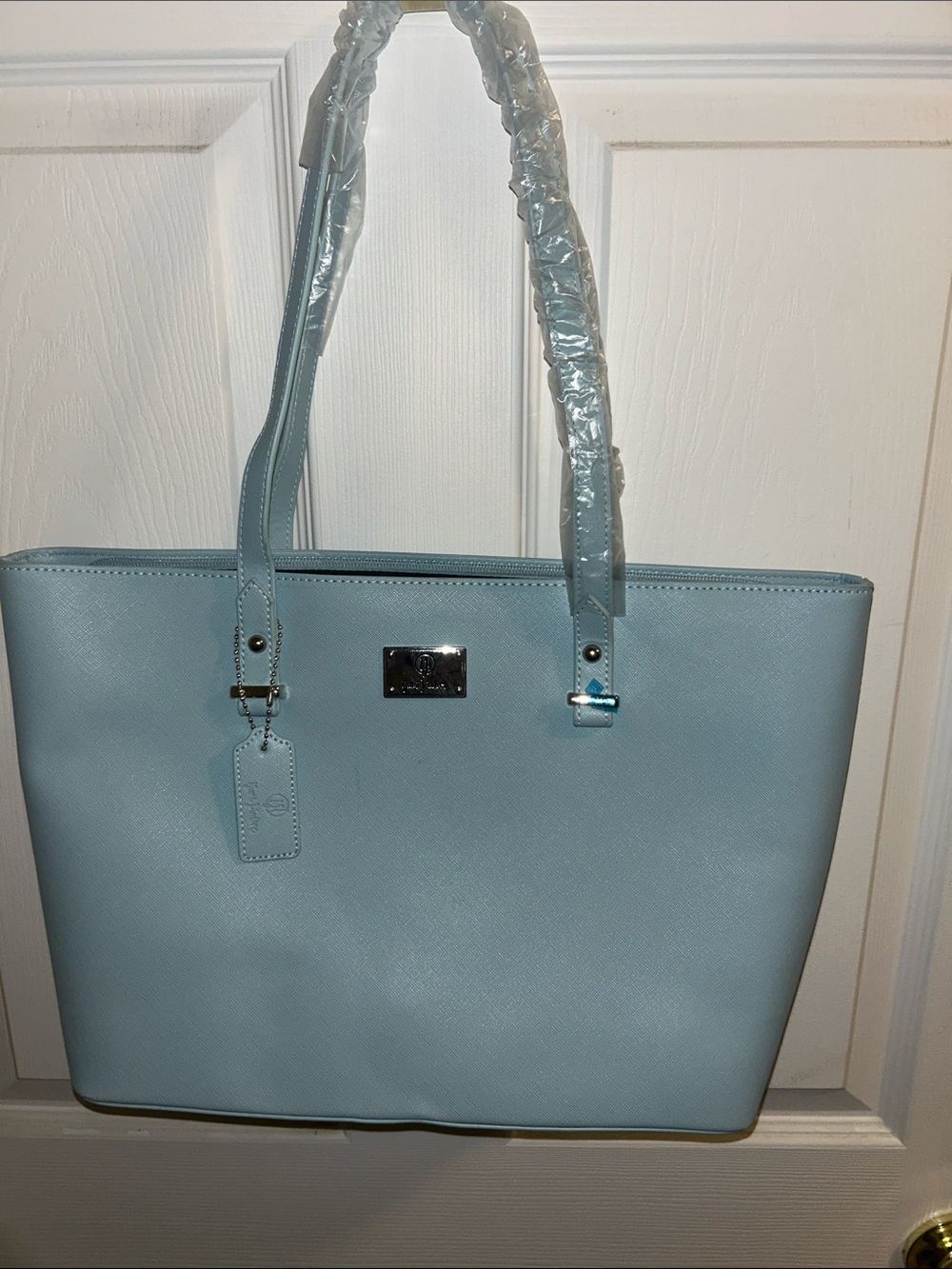 Sky Blue Structured Tote with Polished Plate